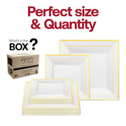 9.5-inch square dinner plate with white base and gold square edge rim, perfect for presenting main courses