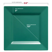 9.5-inch square dinner plates in a rich hunter green color, crafted from durable plastic