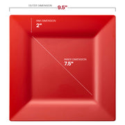 9.5-inch square red disposable dinner plates, made of durable plastic