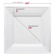 9.5-inch white plastic dinner plates with a sleek silver square edge rim