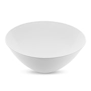 A Solid White Organic Round Disposable Plastic Bowl (100 oz.) from the Kaya Collection is shown against a white background. The bowl, simple in design with smooth curves and a glossy finish, appears to be empty. Its broad, shallow shape is suitable for serving salad or pasta—a great alternative to other disposable bowls.