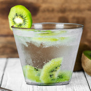 9 oz. Clear with Silver Glitter Round Disposable Plastic Party Cup showcasing sparkle details and sturdy clear walls