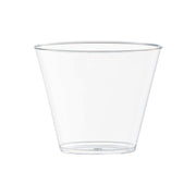 9 oz disposable clear plastic cups, sturdy and lightweight, perfect for effortless party cleanup.