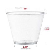 9 oz disposable plastic cups with a clear and silver glitter design, sturdy and easy to clean up after events