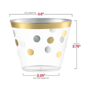9 oz round clear plastic cups with an eye-catching gold dot pattern, disposable for effortless cleanup