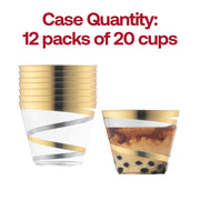 9 oz round disposable plastic cups featuring a clear body with a stylish gold swirl pattern