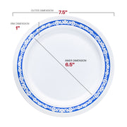 A 7-inch plate with a bold blue and silver rim, designed for presenting elegant appetizers or snacks