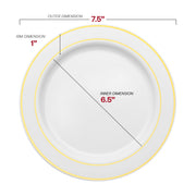 A 7.5-inch round salad plate in crisp white, elegantly finished with a gold rim—perfect for presenting salads or desserts with grace