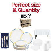 A complete 10-guest table setting with plates, bowls, cutlery, napkins, and wine glasses.