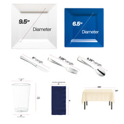 A favorite for loyal fans, this set combines navy napkins with silver cutlery for a clean table look.