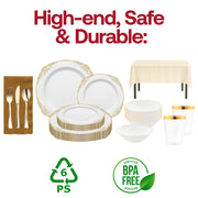 A formal Christmas dinner using the Jingle Bells disposable dinnerware and clear tumblers..