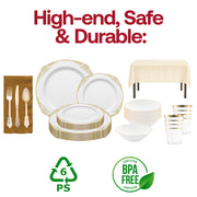 A formal Christmas dinner using the Jingle Bells disposable dinnerware and clear tumblers.