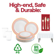 A luxurious yet disposable dinnerware set with rich red and gold detailing for stylish gatherings..