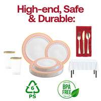 A luxurious yet disposable dinnerware set with rich red and gold detailing for stylish gatherings.