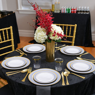 A reliable option for white with blue and gold chord rim plastic appetizer/salad plates (7.5