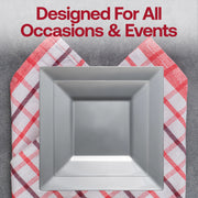 A sophisticated celebration scene featuring the Silver Square Plastic Wedding Value Set, crafted for upscale gatherings
