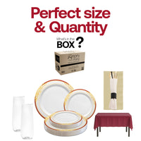A stylish New Year's Eve table set with the Kiss at Midnight disposable dinnerware.