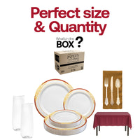 A stylish New Year's Eve table set with the Kiss at Midnight disposable dinnerware