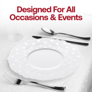Add a chic and stylish flair to your celebration with the White with Silver Dots Round Blossom Disposable Plastic Wedding Value Set, perfect for bringing a unique touch to any event
