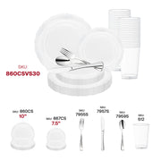 Add a classic and timeless touch to your event with the Clear with Silver Vintage Rim Round Disposable Plastic Wedding Value Set, perfect for upscale celebrations and chic parties.