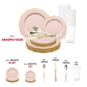 Add a luxurious and charming touch to your event with the Pink with Gold Rim Round Blossom Disposable Plastic Wedding Value Set with gold cutlery, ideal for formal and elegant gatherings.
