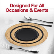 Add a modern and upscale touch to your event décor with the Black with Gold Marble Rim Disposable Plastic Wedding Value Set on display
