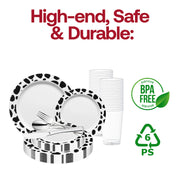 Add a playful and chic vibe to your celebration with the White with Black Dalmatian Spots Round Disposable Plastic Wedding Value Set, perfect for casual yet stylish events