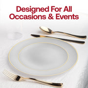 Add a refined and sophisticated touch to your event with the Gray with Gold Organic Round Disposable Plastic Wedding Value Set, ideal for making a statement at any special occasion