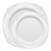 Add a refined touch to your events with the White with Silver Fancy Round Disposable Dinnerware Set
