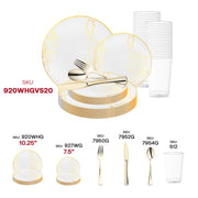 Add a sophisticated and romantic touch to your event with the White with Gold Antique Floral Round Disposable Plastic Wedding Value Set, designed to elevate any formal occasion