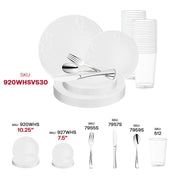 Add a timeless, elegant touch to your celebration with the White with Silver Antique Floral Round Disposable Plastic Wedding Value Set, ideal for upscale dinners and formal gatherings.