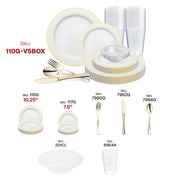 Add a touch of opulence to your event with the White with Gold Edge Rim Plastic Wedding Value Set, ideal for upscale occasions and stylish gatherings