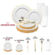 Add a touch of refined luxury to your event with the White with Gold Rim Round Blossom Disposable Plastic Wedding Value Set, designed to impress at any formal occasion.