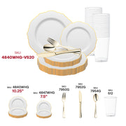 Add a touch of refined luxury to your event with the White with Gold Rim Round Blossom Disposable Plastic Wedding Value Set, designed to impress at any formal occasion