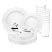 Add a touch of sophistication to your event with the White with Silver Rim Round Blossom Disposable Plastic Wedding Value Set, featuring a clean white design with elegant silver detailing