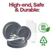 Add a touch of sophistication to your wedding or formal event with the Matte Charcoal Gray Round Disposable Plastic Wedding Value Set with Silver Cutlery, perfect for modern, upscale occasions