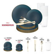 Add an extra layer of elegance to your event with the Navy with Gold Rim Organic Round Disposable Plastic Wedding Value Set, an ideal choice for upscale dinners and stylish celebrations