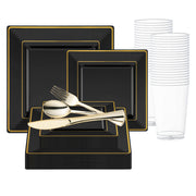 Add bold sophistication to your event with the Black with Gold Square Edge Rim Plastic Wedding Value Set, featuring gold cutlery
