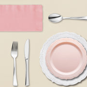 Add sophistication to themed parties with The Love Actually Package’s refined pink and white disposable dinnerware