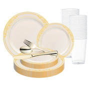 Add timeless sophistication to your event with the Ivory with Gold Harmony Rim Plastic Wedding Value Set and gold cutlery