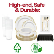All-in-one disposable dinnerware kit with plastic plates, bowls, cups, cutlery, and table linens for hassle-free entertaining.