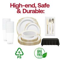 All-in-one disposable dinnerware kit with plastic plates, bowls, cups, cutlery, and table linens for hassle-free entertaining.