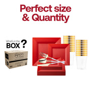 An exquisite event display featuring the Red Square Disposable Plastic Tableware Set with bold, opulent dinner and appetizer plates