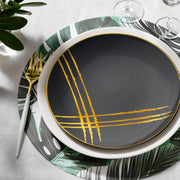 Appetizers were presented on Black with Gold Brushstroke Plates during a sleek cocktail party.