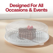 Applying a 14" clear plastic high dome lid to a cake, high-quality disposable catering supply to keep baked goods fresh.