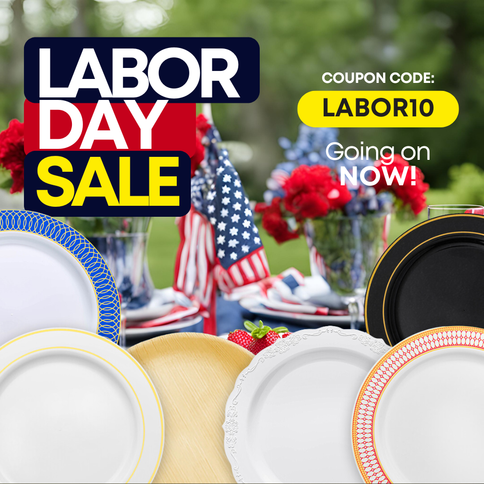 Labor Day sale advertisement with decorative plates and a table setting.