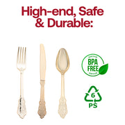 BPA-Free: Shiny metallic gold baroque plastic cutlery set, BPA-free and safe for dining, designed for 600 guests with intricate detailing.
