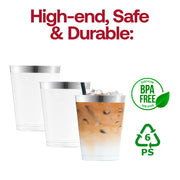 BPA-free 10 oz clear plastic tumblers with a sophisticated metallic silver rim, disposable and durable