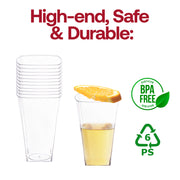 BPA-free 10 oz clear square plastic cups, durable and disposable, great for weddings, catering, and everyday use