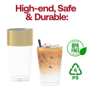 BPA-free 12 oz clear plastic tumblers with a sophisticated metallic gold rim, disposable and durable